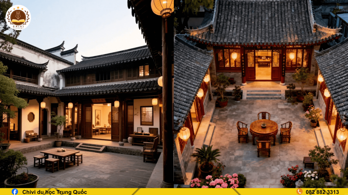 Kiến trúc lúc về đêm với đèn lồng truyền thống